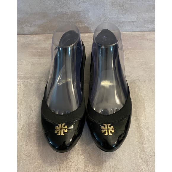 Tory Burch Flats Womens 8M Black Patent Leather Gold Tone Logo Ballet - Picture 1 of 11